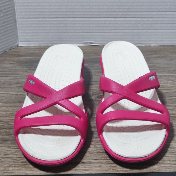 Crocs Low Wedge Slides Size 10 pink white Strappy Slip On Summer Comfort Sandals - Picture 3 of 12